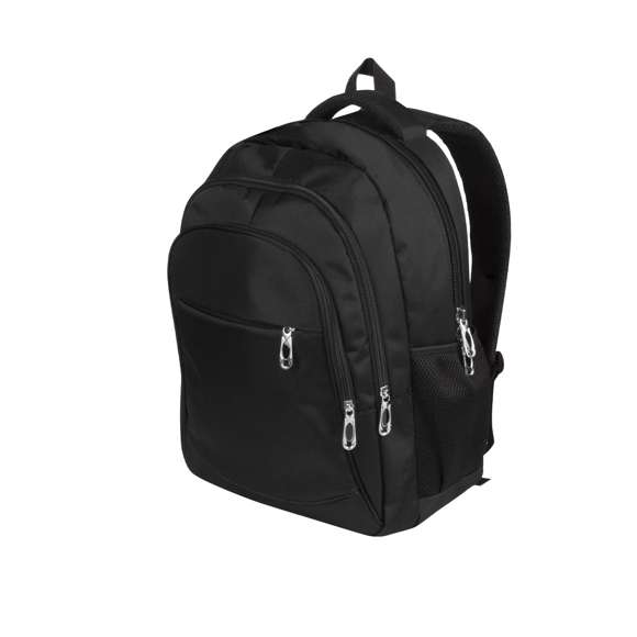 Mochila fabricada en resistente nylon 600D. De estilo actual, con 4 prácticos bolsillos exteriores de distintos tamaños, fáciles de abrir y cerrar, con cremalleras en color negro. Interior con compartimento acolchado para ordenador portátil de hasta 15 pulgadas, con dos compartimentos laterales de rejilla, elásticos y de fácil acceso. Cómoda de transportar gracias a sus asas acolchadas y su espalda con acolchado ergonómico.