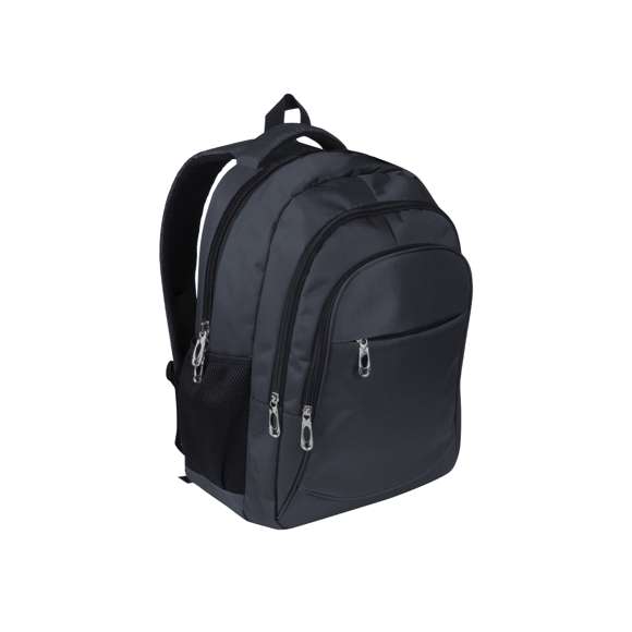 Mochila fabricada en resistente nylon 600D. De estilo actual, con 4 prácticos bolsillos exteriores de distintos tamaños, fáciles de abrir y cerrar, con cremalleras en color negro. Interior con compartimento acolchado para ordenador portátil de hasta 15 pulgadas, con dos compartimentos laterales de rejilla, elásticos y de fácil acceso. Cómoda de transportar gracias a sus asas acolchadas y su espalda con acolchado ergonómico.