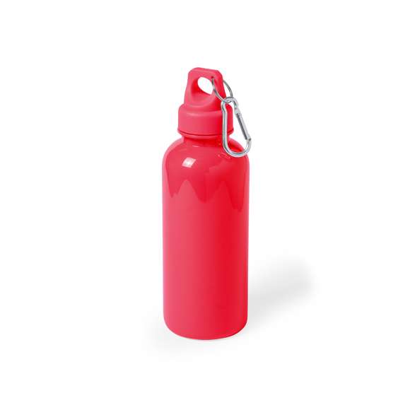  Bidón de 600ml de capacidad con cuerpo de acabado en PS translúcido de vivos y variados colores. Con tapón de seguridad a rosca y mosquetón metálico de transporte.