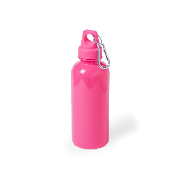 Bidón de 600ml de capacidad con cuerpo de acabado en PS translúcido de vivos y variados colores. Con tapón de seguridad a rosca y mosquetón metálico de transporte.