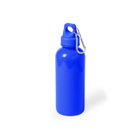  Bidón de 600ml de capacidad con cuerpo de acabado en PS translúcido de vivos y variados colores. Con tapón de seguridad a rosca y mosquetón metálico de transporte.