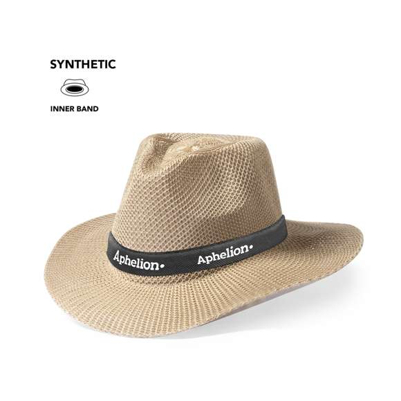 Sombrero en material sintético de sobrios colores con confortable cinta interior a juego.