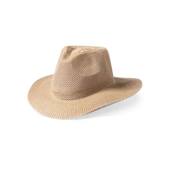 Sombrero en material sintético de sobrios colores con confortable cinta interior a juego.