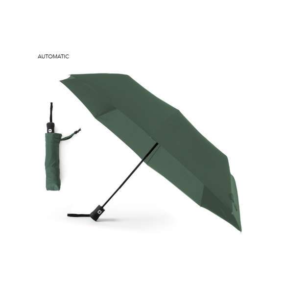 Paraguas plegable de alta calidad de 8 paneles en sobrios colores. De 98cm de diámetro, con apertura automática y en resistente material pongee. Con varillas metálicas en color negro, cierre de velcro y mango ergonómico con cinta de transporte. Presentado en funda individual a juego.