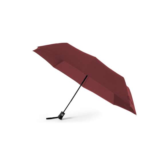 Paraguas plegable de alta calidad de 8 paneles en sobrios colores. De 98cm de diámetro, con apertura automática y en resistente material pongee. Con varillas metálicas en color negro, cierre de velcro y mango ergonómico con cinta de transporte. Presentado en funda individual a juego.