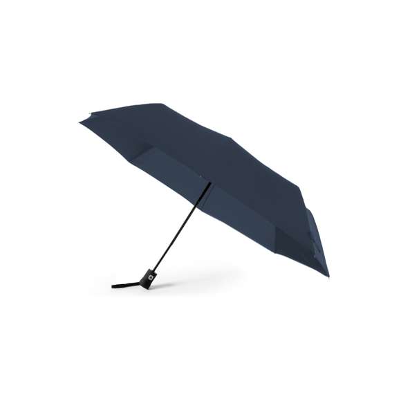 Paraguas plegable de alta calidad de 8 paneles en sobrios colores. De 98cm de diámetro, con apertura automática y en resistente material pongee. Con varillas metálicas en color negro, cierre de velcro y mango ergonómico con cinta de transporte. Presentado en funda individual a juego.