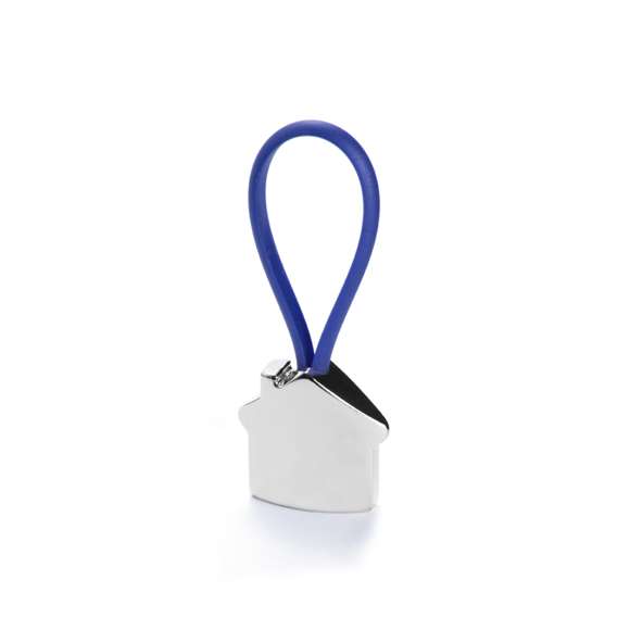 	Llavero metálico en divertido diseño 3D de casa. Con cinta de goma en variados y vivos colores.