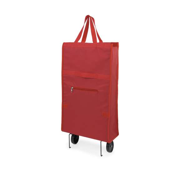 Carro de compra plegable en resistente poliéster 600D de variada gama en vivos colores. Con asas de nylon reforzadas a juego, bolsillo de cremallera frontal a juego y soportes metálicos. Plegado de pequeño tamaño.