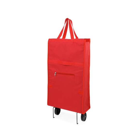 Carro de compra plegable en resistente poliéster 600D de variada gama en vivos colores. Con asas de nylon reforzadas a juego, bolsillo de cremallera frontal a juego y soportes metálicos. Plegado de pequeño tamaño.