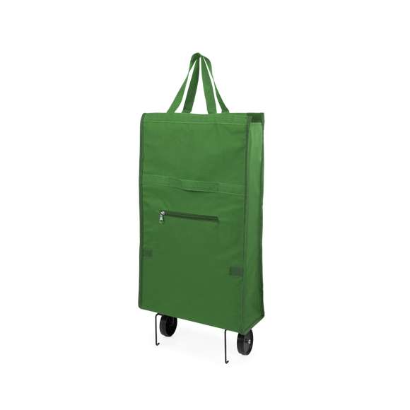 Carro de compra plegable en resistente poliéster 600D de variada gama en vivos colores. Con asas de nylon reforzadas a juego, bolsillo de cremallera frontal a juego y soportes metálicos. Plegado de pequeño tamaño.