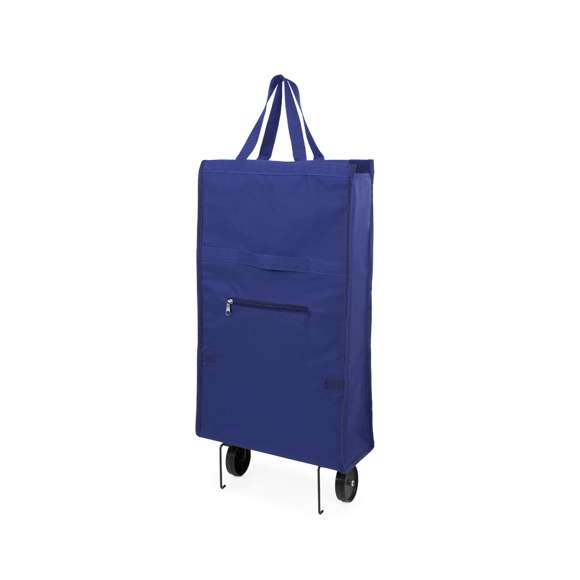 Carro de compra plegable en resistente poliéster 600D de variada gama en vivos colores. Con asas de nylon reforzadas a juego, bolsillo de cremallera frontal a juego y soportes metálicos. Plegado de pequeño tamaño.