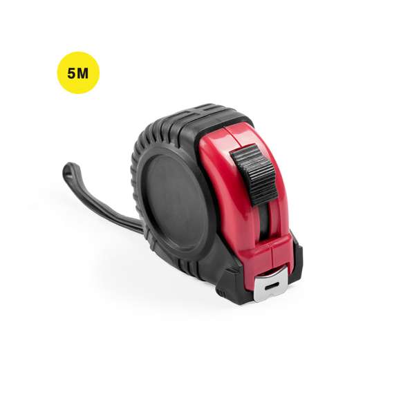  	Flexómetro de 5 metros con cuchilla metálica y mecanismo de bloqueo. Con cuerpo de suave acabado en variados colores, recubierto con funda protectora de resistente goma, clip metálico para cinturón y cinta de transporte. Con troquelado especial para marcaje en doming/gota de resina y presentado en caja individual.