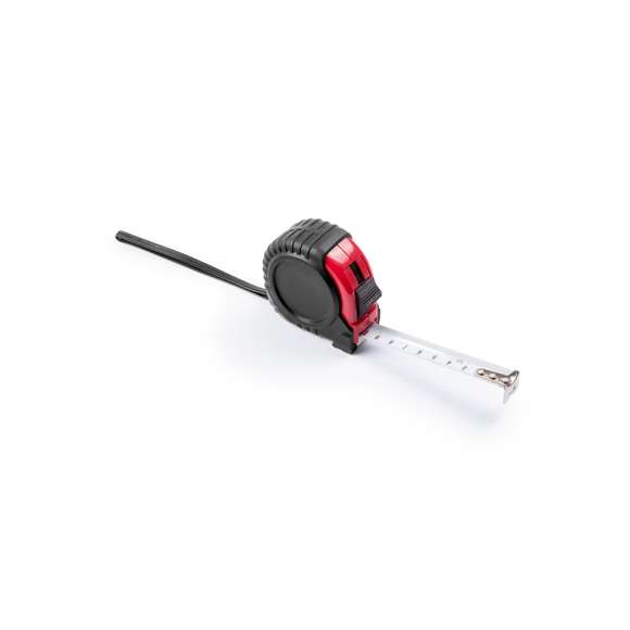  	Flexómetro de 5 metros con cuchilla metálica y mecanismo de bloqueo. Con cuerpo de suave acabado en variados colores, recubierto con funda protectora de resistente goma, clip metálico para cinturón y cinta de transporte. Con troquelado especial para marcaje en doming/gota de resina y presentado en caja individual.