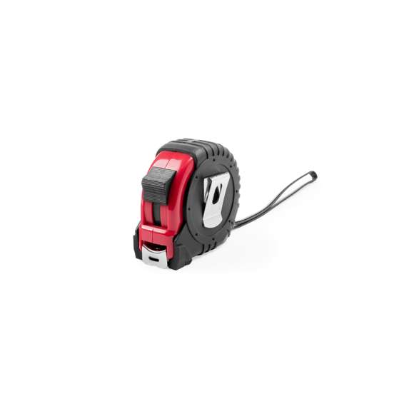  	Flexómetro de 5 metros con cuchilla metálica y mecanismo de bloqueo. Con cuerpo de suave acabado en variados colores, recubierto con funda protectora de resistente goma, clip metálico para cinturón y cinta de transporte. Con troquelado especial para marcaje en doming/gota de resina y presentado en caja individual.