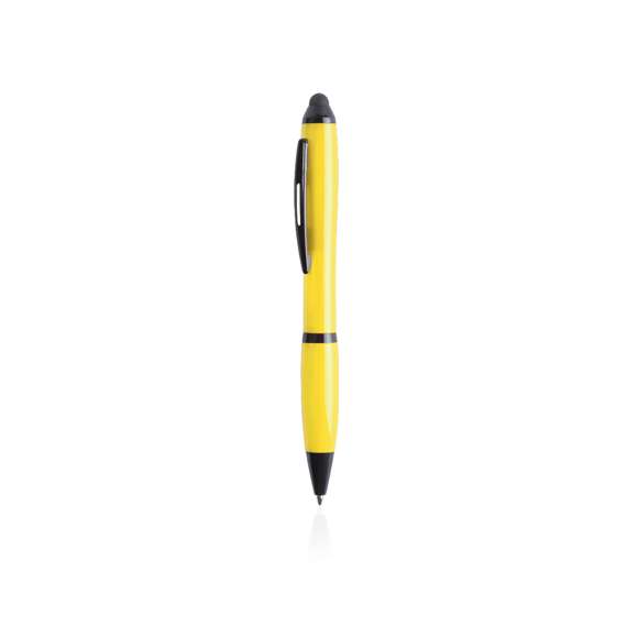  	Bolígrafo puntero de mecanismo giratorio de atrevido diseño bicolor con accesorios en negro y cuerpo de suave acabado en divertidos colores flúor. Con original clip metálico troquelado a juego y cómoda empuñadura. Tinta azul.
