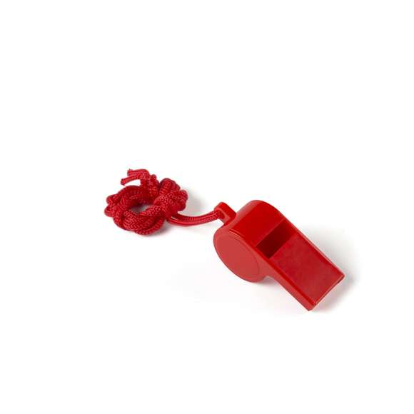 Divertido silbato de clásico diseño en amplia gama de vivos colores con cinta para el cuello a juego.