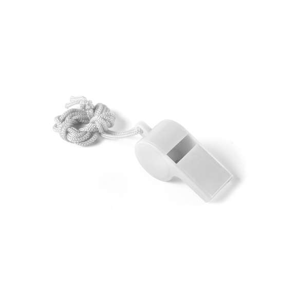 Divertido silbato de clásico diseño en amplia gama de vivos colores con cinta para el cuello a juego.