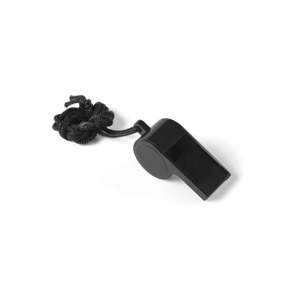 Divertido silbato de clásico diseño en amplia gama de vivos colores con cinta para el cuello a juego.
