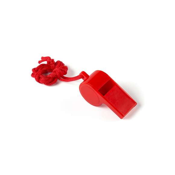 Divertido silbato de clásico diseño en amplia gama de vivos colores con cinta para el cuello a juego.