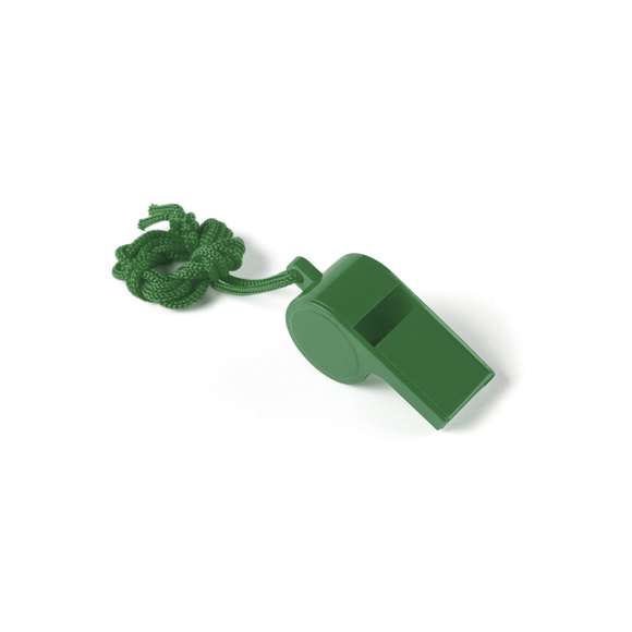 Divertido silbato de clásico diseño en amplia gama de vivos colores con cinta para el cuello a juego.