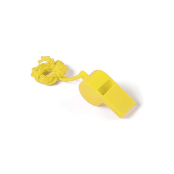 Divertido silbato de clásico diseño en amplia gama de vivos colores con cinta para el cuello a juego.