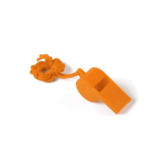 Divertido silbato de clásico diseño en amplia gama de vivos colores con cinta para el cuello a juego.