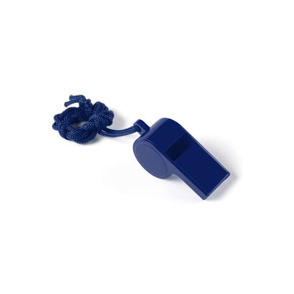 Divertido silbato de clásico diseño en amplia gama de vivos colores con cinta para el cuello a juego.