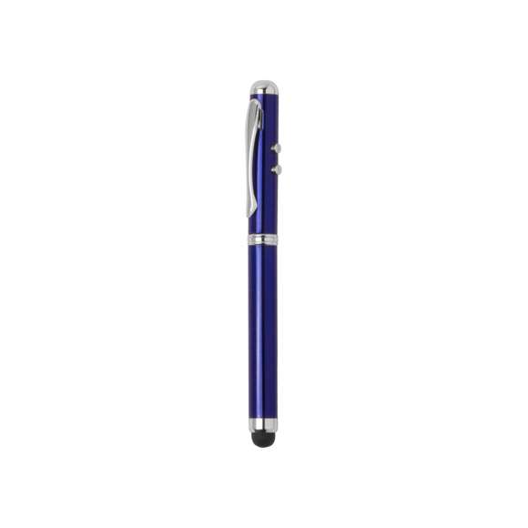 Bolígrafo láser metálico en elegante acabado brillo, con pulsadores de activación laterales para funciones láser y linterna (pilas de botón incluidas). En tinta azul, con puntero táctil integrado, cierre de capucha y clip cromado. Especialmente diseñado para marcaje en láser. Presentado en un elegante estuche metálico en caja individual de cartón de acabado plateado. Interior en suave esponja troquelada, con pilas de recambio.