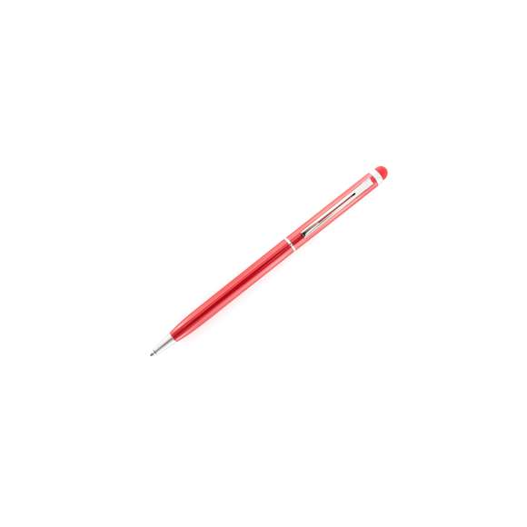  	Bolígrafo puntero de mecanismo giratorio con cuerpo ultrafino en aluminio de suave acabado metalizado en variados colores y con puntero a juego. Accesorios y anillas en color plateado. Tinta azul.