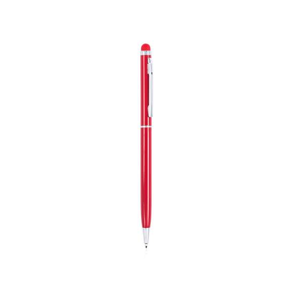  	Bolígrafo puntero de mecanismo giratorio con cuerpo ultrafino en aluminio de suave acabado metalizado en variados colores y con puntero a juego. Accesorios y anillas en color plateado. Tinta azul.