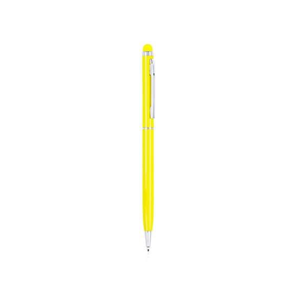 	Bolígrafo puntero de mecanismo giratorio con cuerpo ultrafino en aluminio de suave acabado metalizado en variados colores y con puntero a juego. Accesorios y anillas en color plateado. Tinta azul.