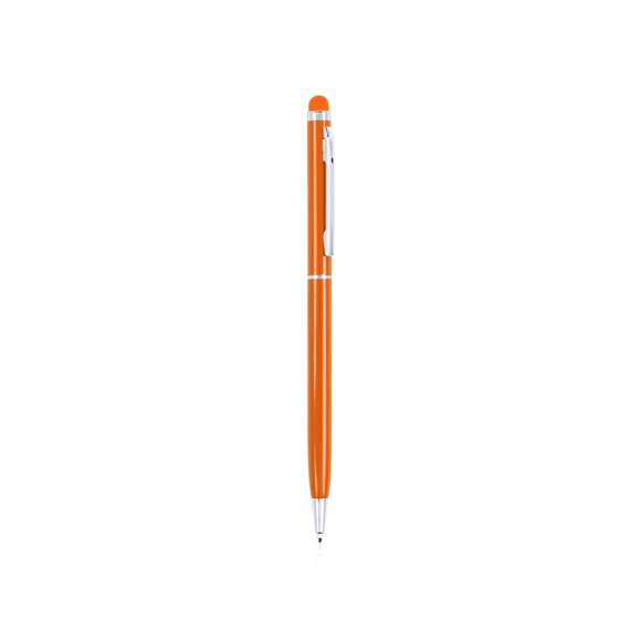  	Bolígrafo puntero de mecanismo giratorio con cuerpo ultrafino en aluminio de suave acabado metalizado en variados colores y con puntero a juego. Accesorios y anillas en color plateado. Tinta azul.