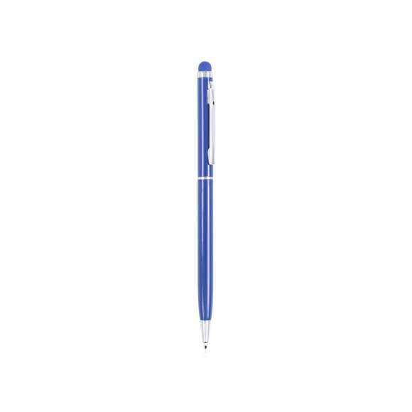  	Bolígrafo puntero de mecanismo giratorio con cuerpo ultrafino en aluminio de suave acabado metalizado en variados colores y con puntero a juego. Accesorios y anillas en color plateado. Tinta azul.