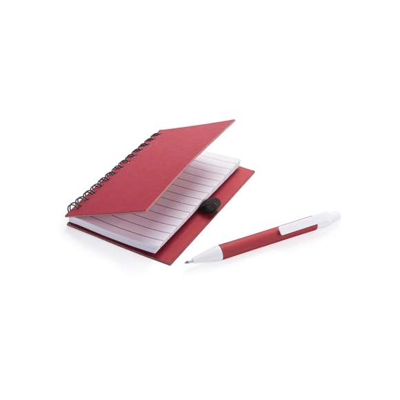 Libreta de anillas con tapas de suave tacto acabadas en resistente cartón reciclado y bolígrafo en cartón reciclado a juego. De atrevidos colores, 50 hojas con distribución a una raya y con soporte para bolígrafo en contraportada.