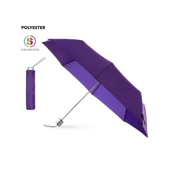Paraguas plegable de 8 paneles de poliéster 170T en extensa gama de vivos colores y 96cm de diámetro. De apertura manual, con varillas metálicas en color plateado, cierre de velcro y cinta de transporte en mango ergonómico. Presentado en funda individual a juego.