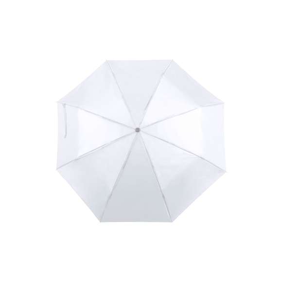 Paraguas plegable de 8 paneles de poliéster 170T en extensa gama de vivos colores y 96cm de diámetro. De apertura manual, con varillas metálicas en color plateado, cierre de velcro y cinta de transporte en mango ergonómico. Presentado en funda individual a juego.