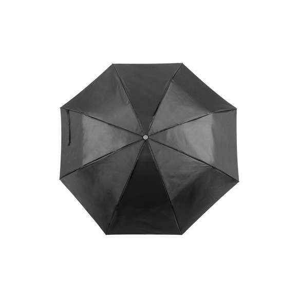 Paraguas plegable de 8 paneles de poliéster 170T en extensa gama de vivos colores y 96cm de diámetro. De apertura manual, con varillas metálicas en color plateado, cierre de velcro y cinta de transporte en mango ergonómico. Presentado en funda individual a juego.