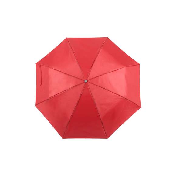 Paraguas plegable de 8 paneles de poliéster 170T en extensa gama de vivos colores y 96cm de diámetro. De apertura manual, con varillas metálicas en color plateado, cierre de velcro y cinta de transporte en mango ergonómico. Presentado en funda individual a juego.