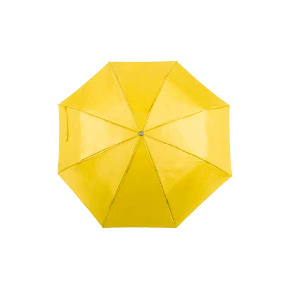 Paraguas plegable de 8 paneles de poliéster 170T en extensa gama de vivos colores y 96cm de diámetro. De apertura manual, con varillas metálicas en color plateado, cierre de velcro y cinta de transporte en mango ergonómico. Presentado en funda individual a juego.