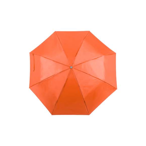 Paraguas plegable de 8 paneles de poliéster 170T en extensa gama de vivos colores y 96cm de diámetro. De apertura manual, con varillas metálicas en color plateado, cierre de velcro y cinta de transporte en mango ergonómico. Presentado en funda individual a juego.