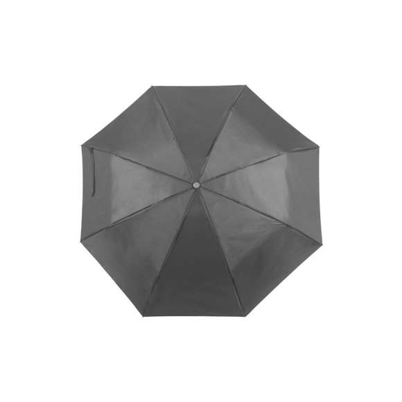 Paraguas plegable de 8 paneles de poliéster 170T en extensa gama de vivos colores y 96cm de diámetro. De apertura manual, con varillas metálicas en color plateado, cierre de velcro y cinta de transporte en mango ergonómico. Presentado en funda individual a juego.