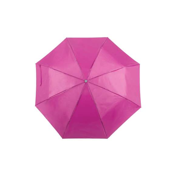 Paraguas plegable de 8 paneles de poliéster 170T en extensa gama de vivos colores y 96cm de diámetro. De apertura manual, con varillas metálicas en color plateado, cierre de velcro y cinta de transporte en mango ergonómico. Presentado en funda individual a juego.