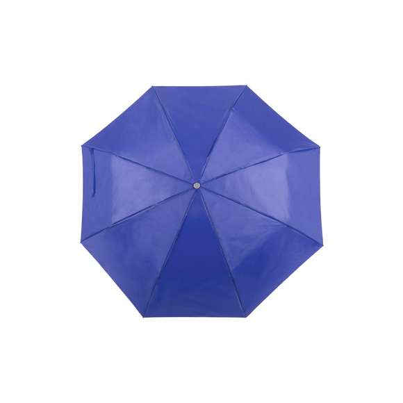 Paraguas plegable de 8 paneles de poliéster 170T en extensa gama de vivos colores y 96cm de diámetro. De apertura manual, con varillas metálicas en color plateado, cierre de velcro y cinta de transporte en mango ergonómico. Presentado en funda individual a juego.