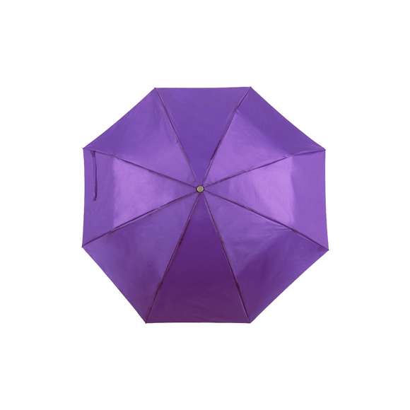 Paraguas plegable de 8 paneles de poliéster 170T en extensa gama de vivos colores y 96cm de diámetro. De apertura manual, con varillas metálicas en color plateado, cierre de velcro y cinta de transporte en mango ergonómico. Presentado en funda individual a juego.