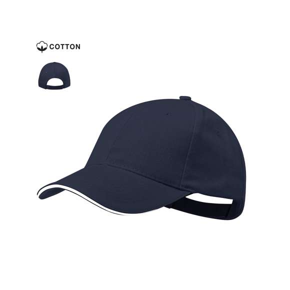 Gorra de 6 paneles en material 100% algodón peinado. En variada gama de vivos colores, con sandwich en color y acolchado en visera. Orificios de ventilación bordados y cierre ajustable de velcro.