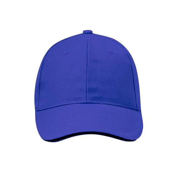 Gorra de 6 paneles en material 100% algodón peinado. En variada gama de vivos colores, con sandwich en color y acolchado en visera. Orificios de ventilación bordados y cierre ajustable de velcro.