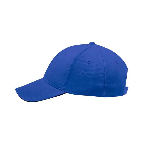 Gorra de 6 paneles en material 100% algodón peinado. En variada gama de vivos colores, con sandwich en color y acolchado en visera. Orificios de ventilación bordados y cierre ajustable de velcro.