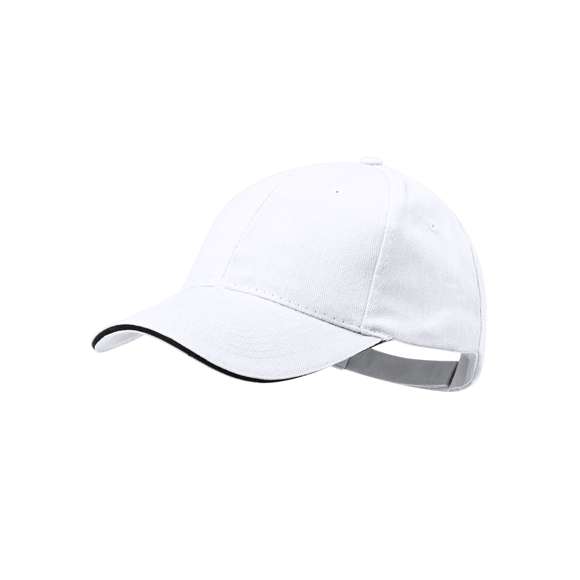 Gorra de 6 paneles en material 100% algodón peinado. En variada gama de vivos colores, con sandwich en color y acolchado en visera. Orificios de ventilación bordados y cierre ajustable de velcro.