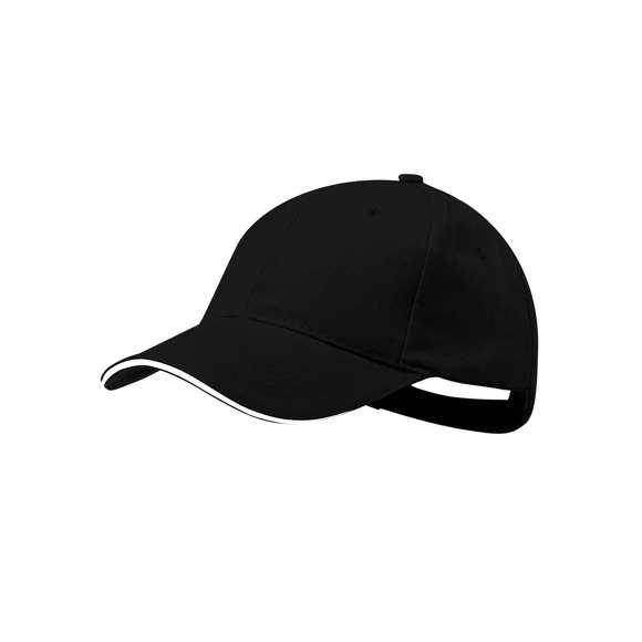 Gorra de 6 paneles en material 100% algodón peinado. En variada gama de vivos colores, con sandwich en color y acolchado en visera. Orificios de ventilación bordados y cierre ajustable de velcro.