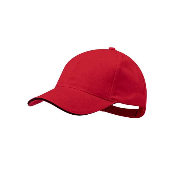 Gorra de 6 paneles en material 100% algodón peinado. En variada gama de vivos colores, con sandwich en color y acolchado en visera. Orificios de ventilación bordados y cierre ajustable de velcro.